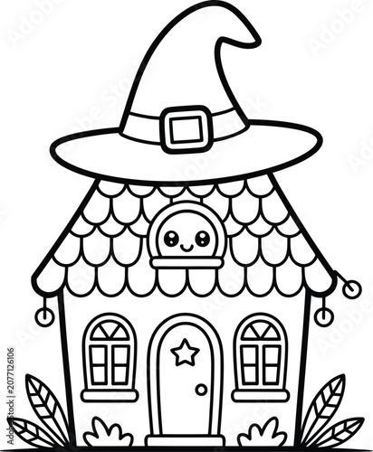 Cute witch house coloring page with magic hat and small rounded window.