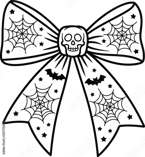 Spooky bow tie coloring page with skull and spider web pattern design.