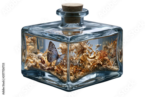 Decorative glass bottle filled with seashells, dried coastal treasures and a blue butterfly, isolated as a high quality PNG with transparent background.