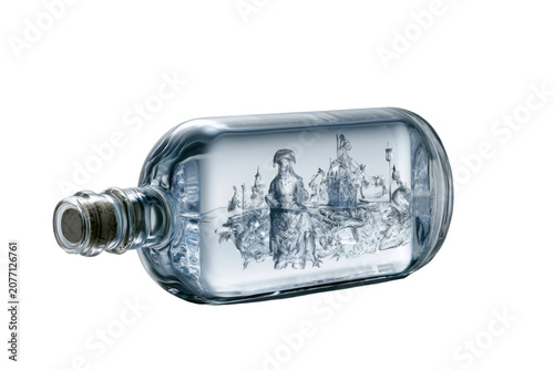 Glass bottle containing an intricate frozen fantasy village sculpture, isolated as a high quality PNG with transparent background.