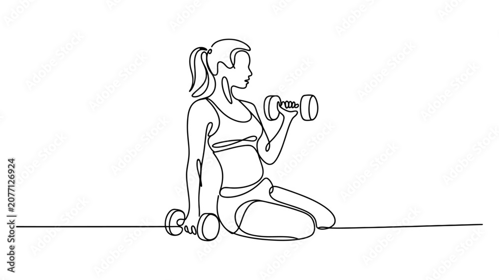 Obraz premium Continuous single line drawing of a fit woman exercising with dumbbells
