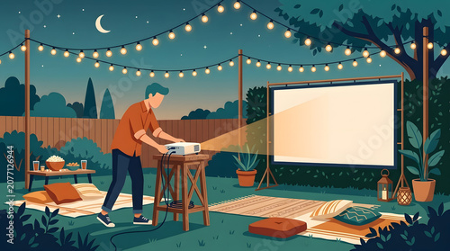 Summer movie night flat character illustrations in summer setup
