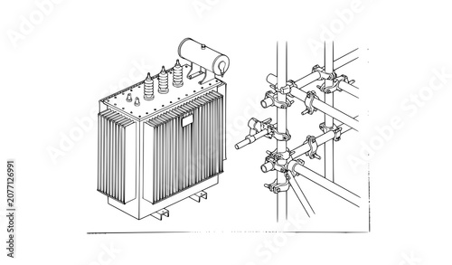 Tableau sur toile Isometric technical drawing of electrical transformer and construction scaffoldi