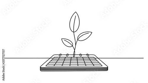 Photos Small green plant growing from a paper calendar page in a simple line art drawin