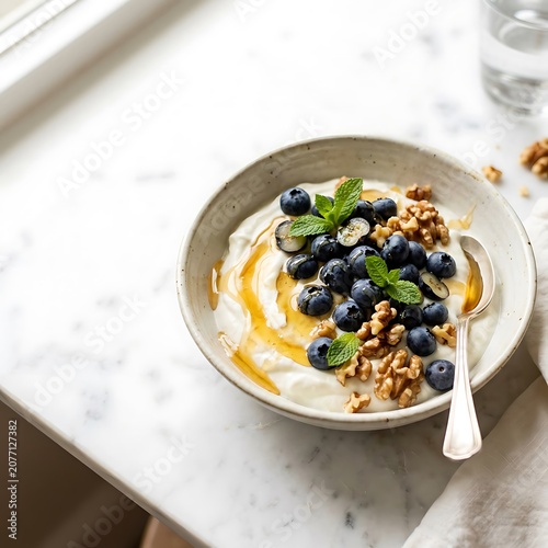 Greek Yogurt with Blueberries Honey and Walnuts on White Marble