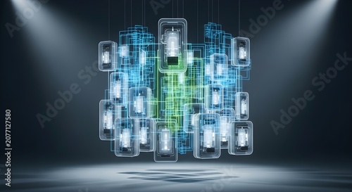 Abstract digital network with glowing interconnected devices forming a complex system in a dark, spotlighted environment.