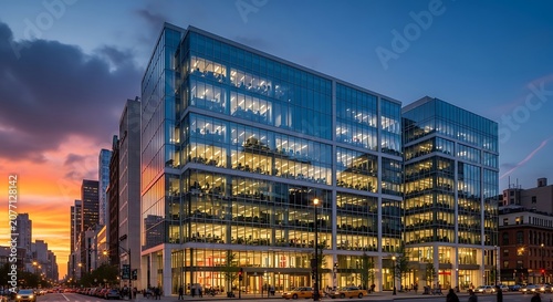 Modern glass office building exterior at sunset in the city center
