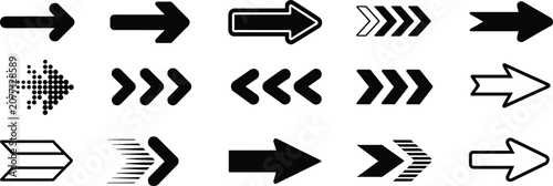Collection of diverse arrow icons in black with white outlines indicating direction and movement on a plain background