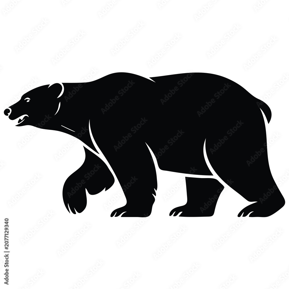 Fototapeta premium Black and white silhouette of a walking polar bear, side profile of a large predatory arctic mammal on white background