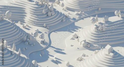 Minimalist Winter Landscape with Winding River and Snow-Covered Hills.