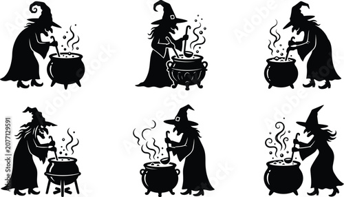 Foto Six black silhouette illustrations of witches brewing potions in cauldrons