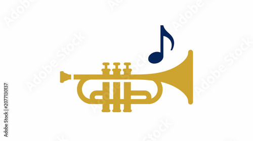 Minimalist gold trumpet vector with blue musical note representing jazz and brass performance
