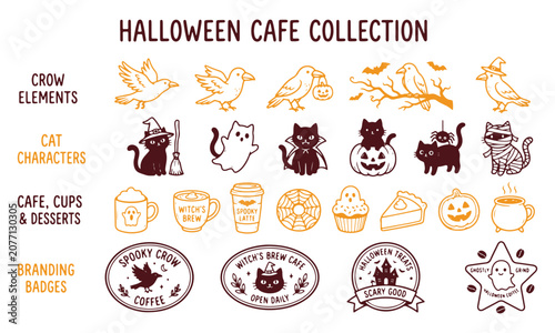 Halloween cafe collection with crow elements, cat characters, cups, desserts, and branding badges