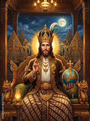 Christ the King Enthroned in a Traditional Javanese Pavilion with Wayang Kulit Cultural Elements