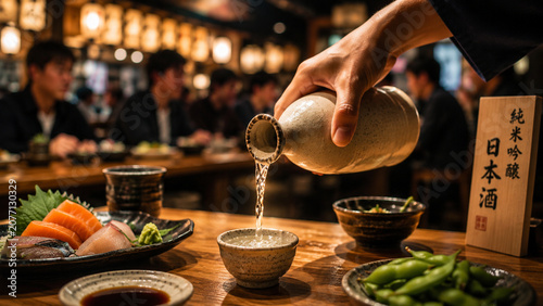 Pouring Japanese Sake into Traditional Cup at Restaurant