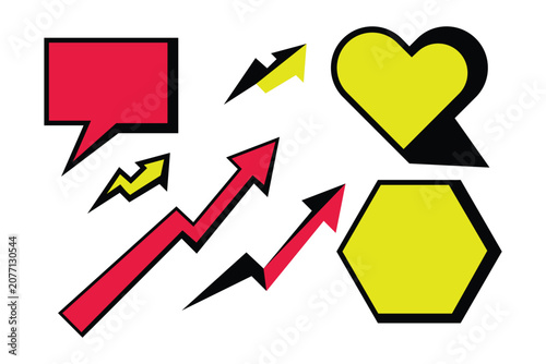 Colorful pop art style icons including arrows and shapes