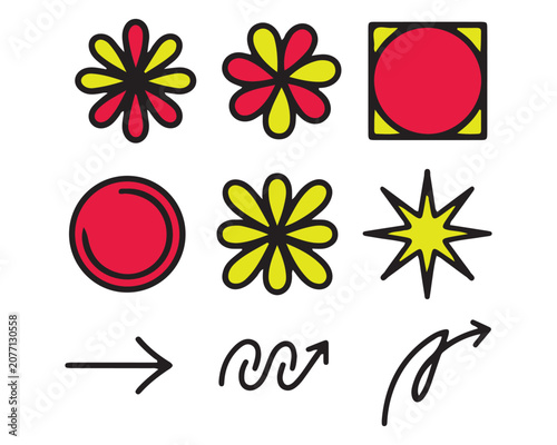 Colorful graphic design elements including flowers and arrows