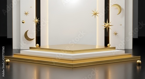 Elegant white and gold display podium with stars and moons, perfect for product showcase or awards presentation.