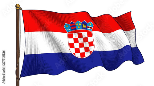 Obraz na płótnie Waving national flag of croatia with coat of arms on flagpole