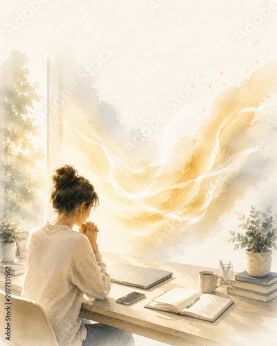 Whispers of the Holy Spirit Series – Finding Peace Beyond Digital Distractions, Minimalist Watercolor Illustration