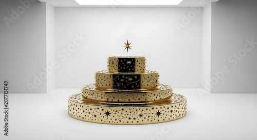 A luxurious multi-tiered golden and black decorative object resembling an elaborate cake with intricate patterns and a star ornament, displayed in a minimalist white room.