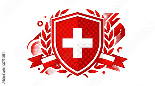 Schilderij op canvas Red shield with white cross flanked by laurel wreaths and ribbons