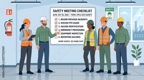 Workplace Safety Meeting Checklist Board with Diverse Team