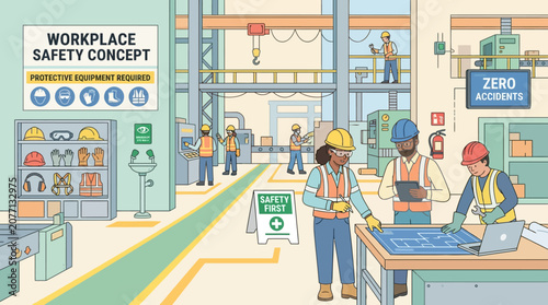 Workplace Safety Illustration: Engineering Team Reviewing Plans in Factory