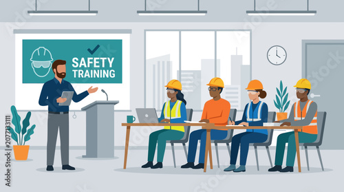 Workplace Safety Training Session: Instructor, Employees, Classroom, PPE