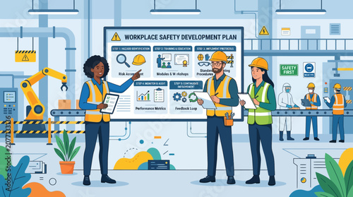 Workplace Safety Training: Team Discussing Development Plan in Factory