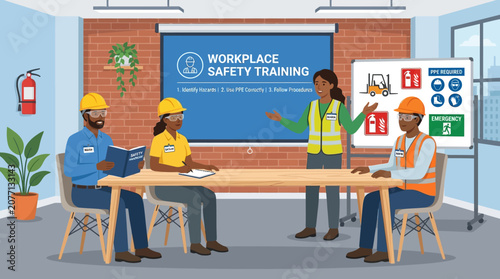 Workplace Safety Training Session: Diverse Employees Learn Hazard Prevention