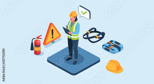 Construction Site Safety Professional Inspection Vector Illustration Design Concept for Industrial Risk Management Protocols