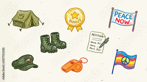 Bilde på lerret Collection of protest and military-related items including a tent, boots, cap, whistle, bonus medal, petition, and peace flags