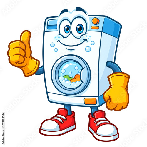 Happy washing machine mascot giving a thumb up