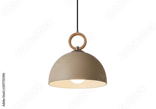 Modern beige dome pendant light with wooden ring detail hanging from a black cord