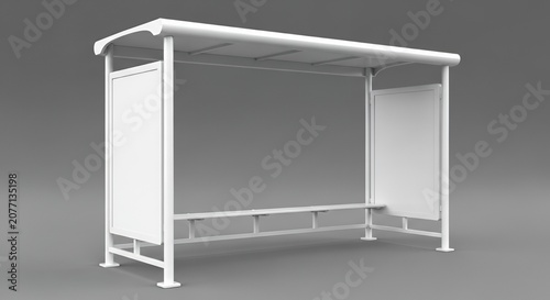 Modern white bus stop shelter with empty advertisement panels on a plain background.