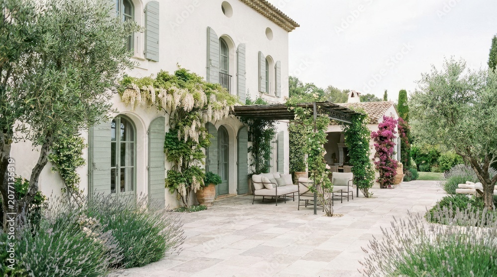 Obraz premium Charming Mediterranean villa with blooming wisteria and olive trees