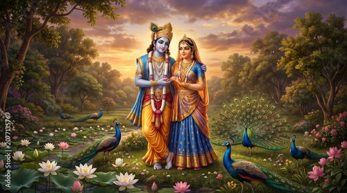 Divine hindu deities radha and krishna standing together in a lush garden with peacocks and lotus flowers