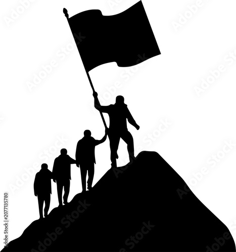 Vector Silhouette of a Team Climbing a Mountain Peak and Planting a Flag Symbolizing Success Leadership and Achievement
