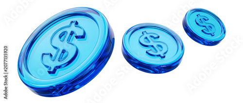 Set 3D Glass finance and wealth icon isolated on transparent background, flying blue dollar coins, money investment concept. Transparent Liquid Glass icon