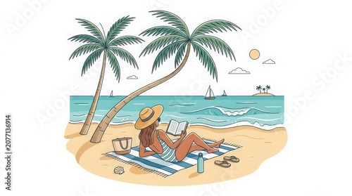 Relaxing beach scene with woman reading palm trees and ocean view