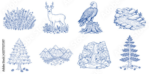 Mountain Nature Graphic Elements Collection with Pine Trees Waterfall River Deer Eagle and Wildflowers