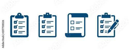 Checklist icon set featuring clipboard with checkmark, document, and checkbox on paper symbols for task management and productivity design.