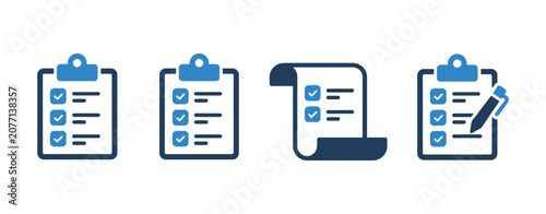 Checklist icon set featuring clipboard with checkmark, document, and checkbox on paper symbols for task management and productivity design.
