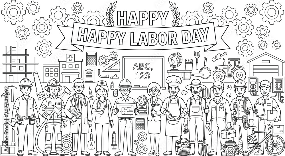 Fototapeta premium Happy Labor Day Coloring Page Set with Diverse Profession Characters Essential Workers Tools and Celebration Banner Outline Vector Illustration
