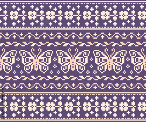 An all-over pattern featuring various butterfly motifs in soft tones and geometric shapes, designed for fabrics, clothing, backgrounds, and decorative use.