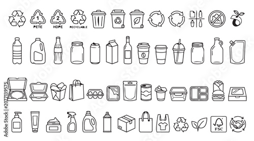 Set of hand drawn icons representing recycling symbols and food and beverage packaging with beverage