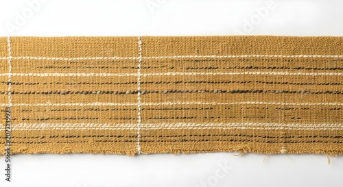 Close-up view of a mustard yellow woven textile with horizontal black and white stripes and vertical lines.
