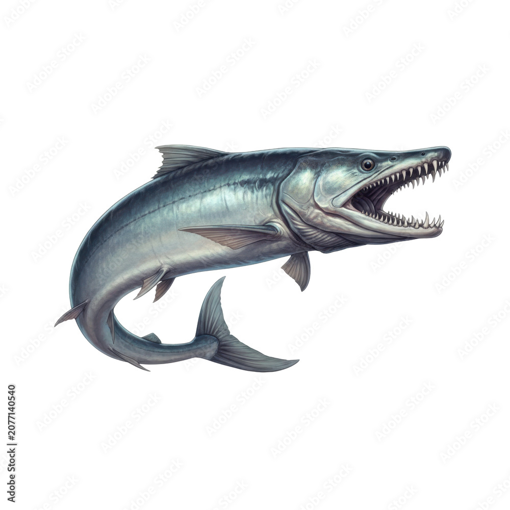 Naklejka premium Predatory Barracuda Fish with Sharp Teeth Open Mouth