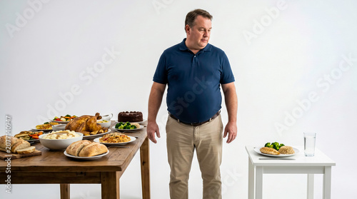 Overweight man standing between a table full of feast food and a small healthy meal. Concept for diet choice, weight loss, and healthy eating decisions. Bright background with copy space.